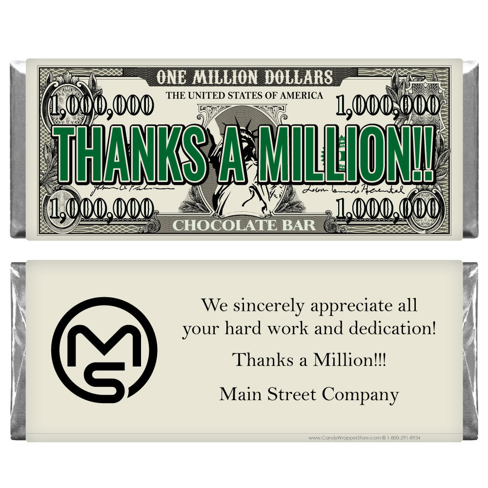 TY207LOGO - Thanks A Million Business Candy Bar Wrapper Candy Bar Wrapper with your Logo 1.55 oz Candy Bars Candy Wrapper Store