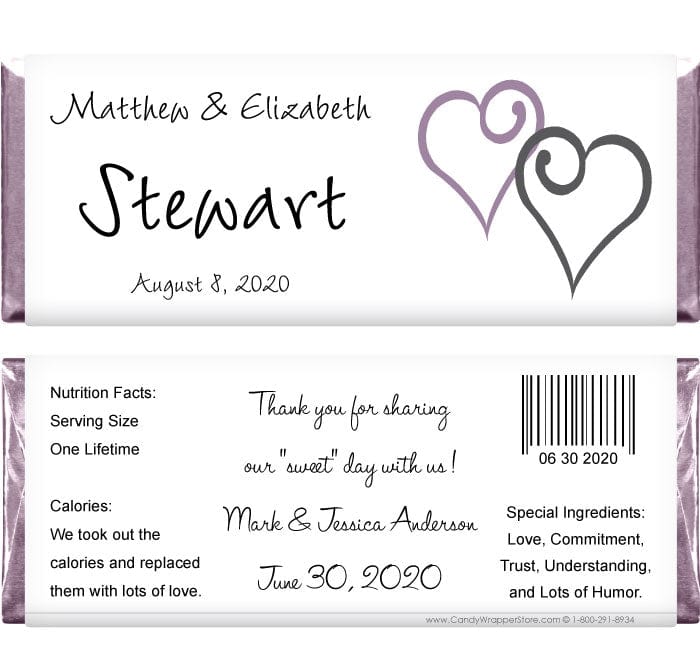 WA203 - Wedding Double Hearts Candy Bar Wrapper Wedding Double Hearts Candy Bar Wrapper Regular Size Wrapper WA203