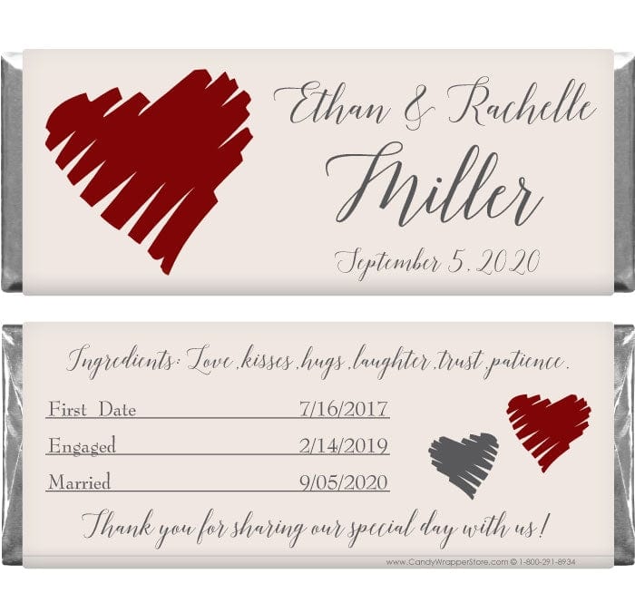 WA205 - Wedding Scribble Hearts Candy Bar Wrapper Wedding Scribble Hearts Candy Bar Wrappers Regular Size Wrapper WA205