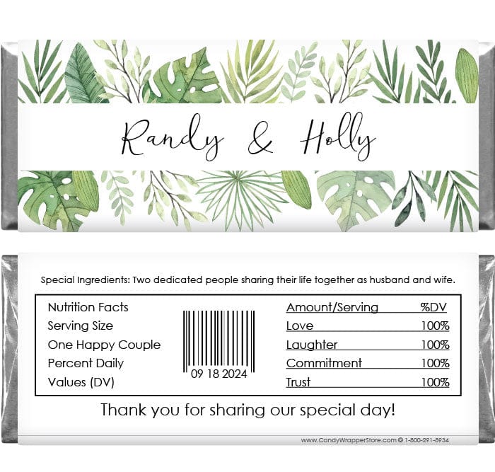 WA212 - Green Leaves Watercolor Wedding Candy Bar Wrapper Green Leaves Watercolor Wedding Candy Bar Wrapper Regular Size Wrapper WA212