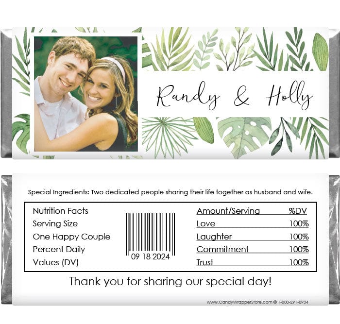 WA212PHOTO - Green Leaves Watercolor Whimsical Wedding Photo Candy Bar Wrappers Green Leaves Watercolor Whimsical Wedding Photo Candy Bar Wrappers Regular Size Wrapper WA212