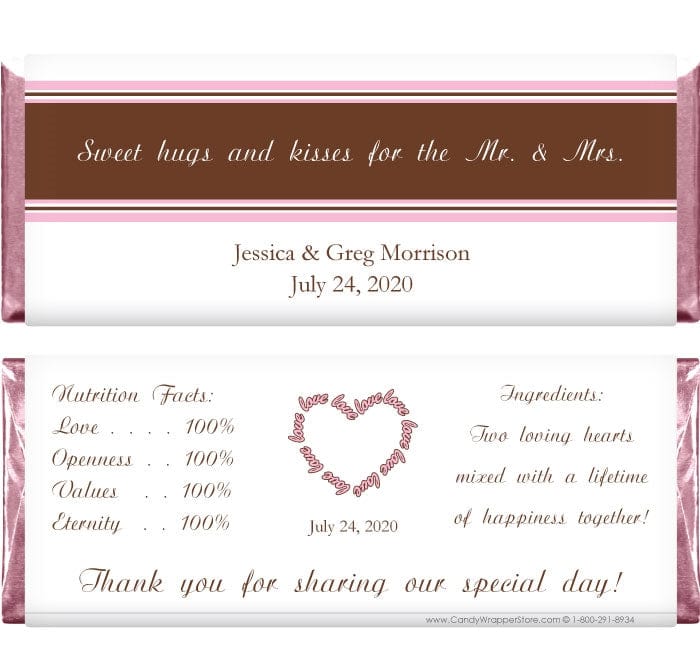 WA214 - Wedding Hugs and Kisses Wrapper Hugs and Kisses personalized candy bar wrapper for 1.55 oz Hershey candy bars. Regular Size Wrapper WA214