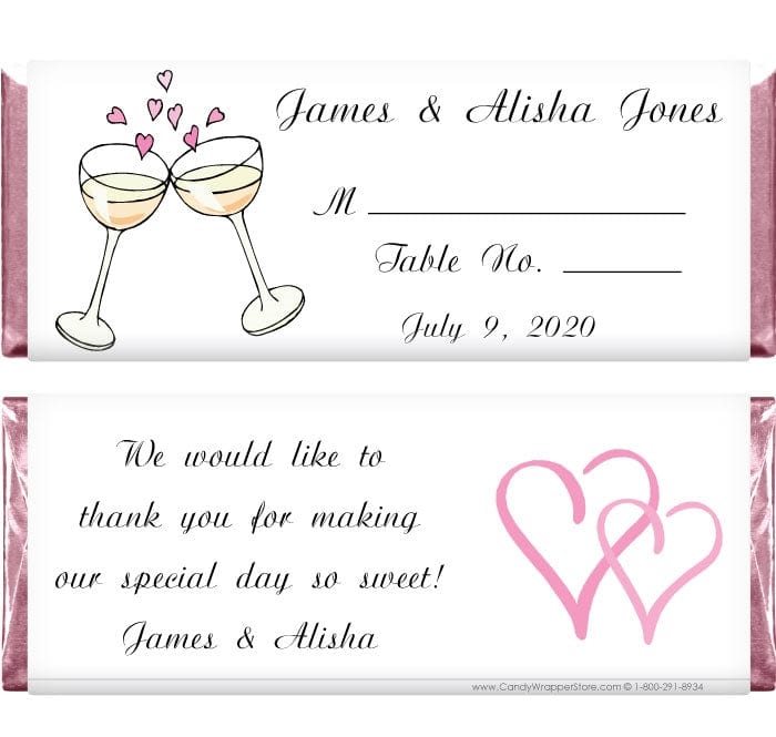 WA216 - Wedding Champagne Hearts Candy Bar Wrapper Wedding Champagne Glass and Hearts Candy Bar Wrappers Regular Size Wrapper WA216