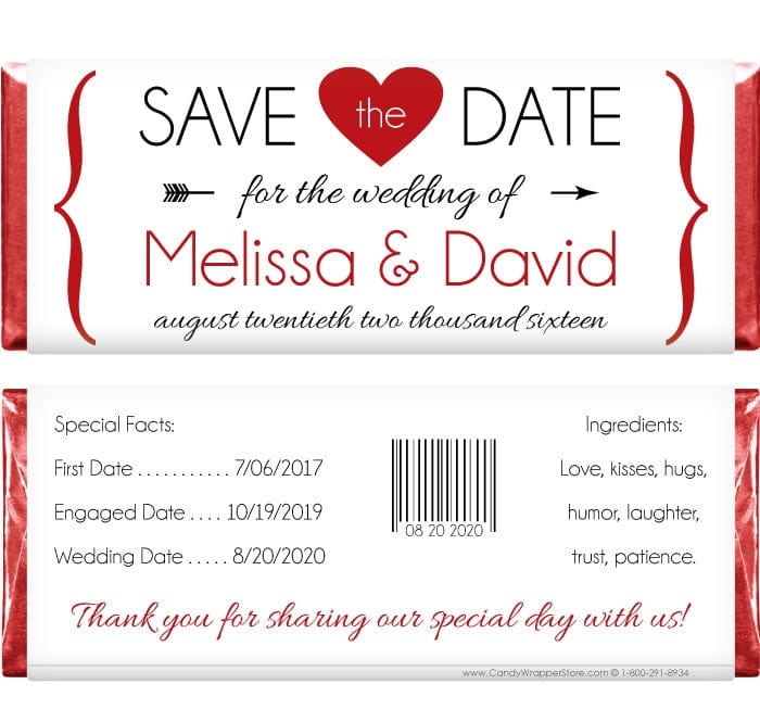 WA219 - Save the Date Fun Fonts Candy Bar Wrapper Save the Date Fun Fonts Candy Bar Wrapper Regular Size Wrapper WA219