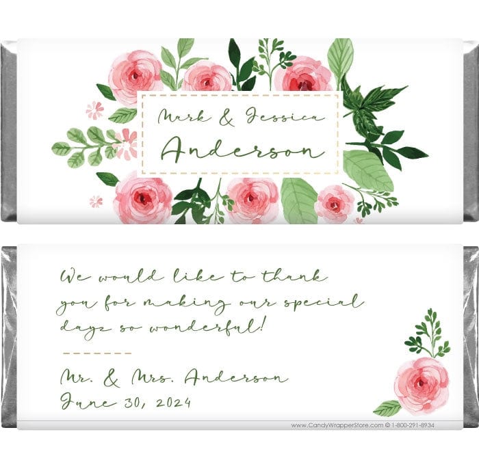 WA224 - Pink Watercolor Roses with Green Foliage Wedding Candy Bar Wrapper Pink Roses with Green Foliage Wedding Candy Bar Wrapper for 1.55 oz Hershey's Candy Bars Regular Size Wrapper WA224