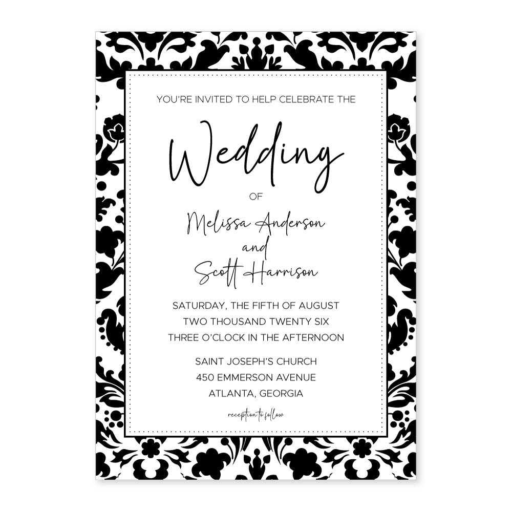 WA2248 - 5 x 7 inch Black Damask Wedding Invitation Black Damask Wedding Invitation WA248