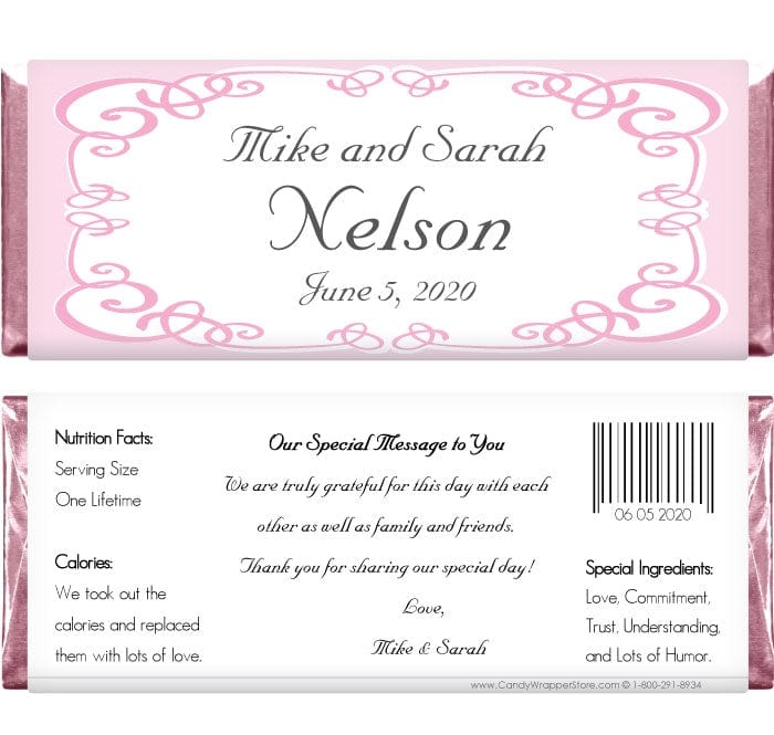WA239pink - Pink Swirl Border Wedding Candy Bar Wrapper Pink Swirl Border Wedding Candy Bar Wrapper Regular Size Wrapper WA239