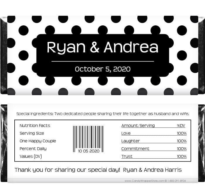 WA240BW - Wedding Black and White Polka Dots Candy Bar Wrapper Wedding Black and White Polka Dots Candy Bar Wrapper Regular Size Wrapper WA240