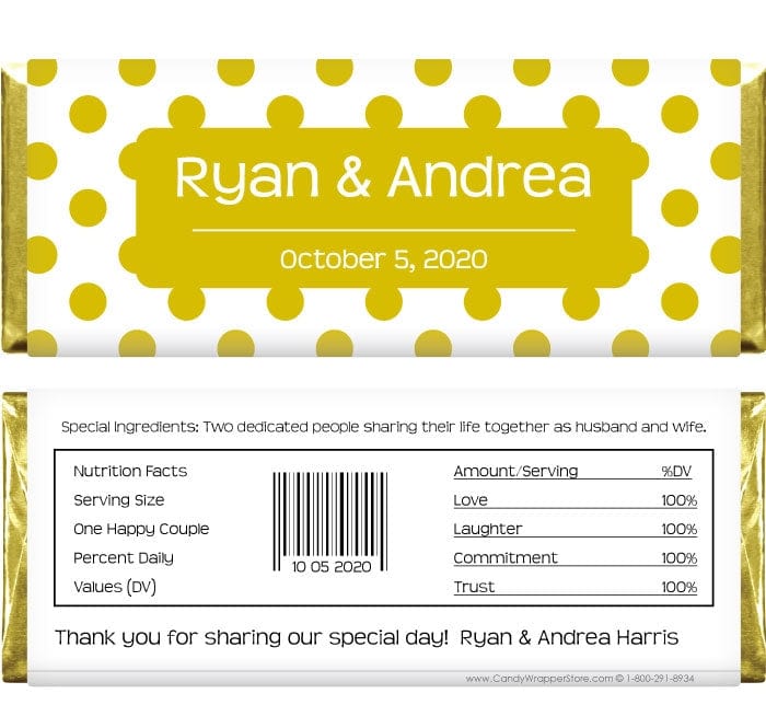 WA240GOLD - Wedding Gold Polka Dots Candy Bar Wrapper Wedding Gold Polka Dots Candy Bar Wrapper Regular Size Wrapper WA240