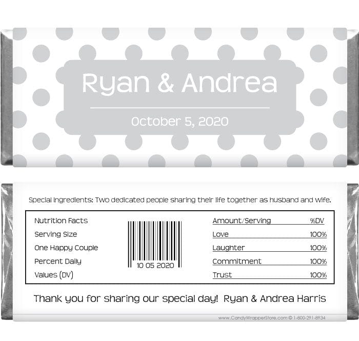 WA240SILVER - Wedding Silver Polka Dots Candy Bar Wrapper Wedding Silver Polka Dots Candy Bar Wrapper Regular Size Wrapper WA240
