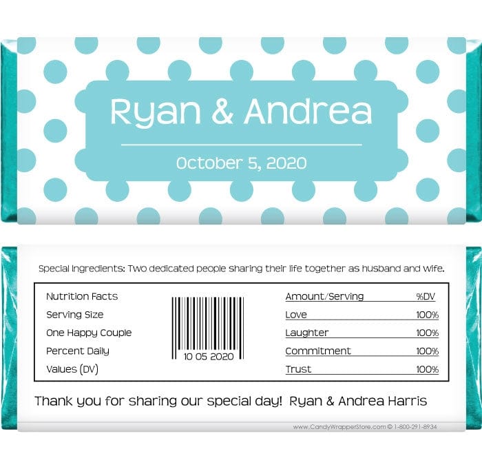 WA240TIFFANY - Wedding Tiffany Blue Polka Dots Candy Bar Wrapper Wedding Tiffany Blue Polka Dots Candy Bar Wrapper Regular Size Wrapper WA240