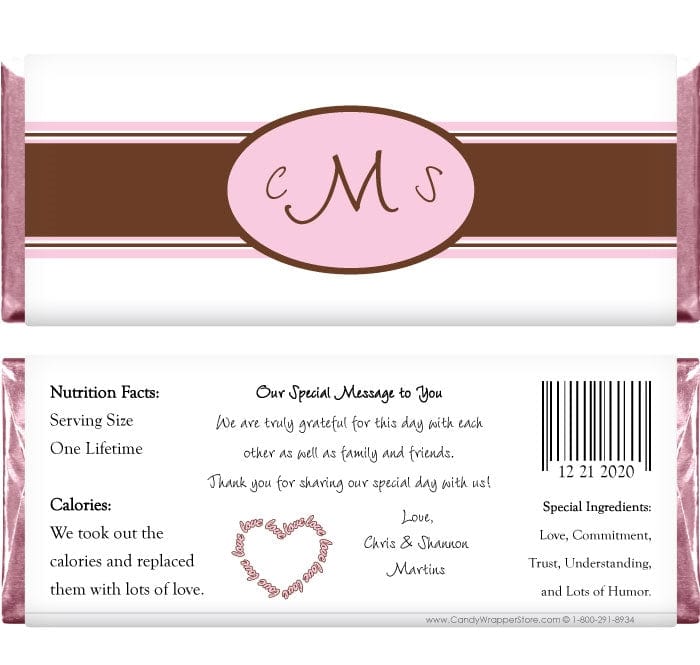 WA242pink - Wedding Monogram Pink & Brown Candy Bar Wrapper Wedding Monogram Pink & Brown Candy Bar Wrapper Regular Size Wrapper WA242