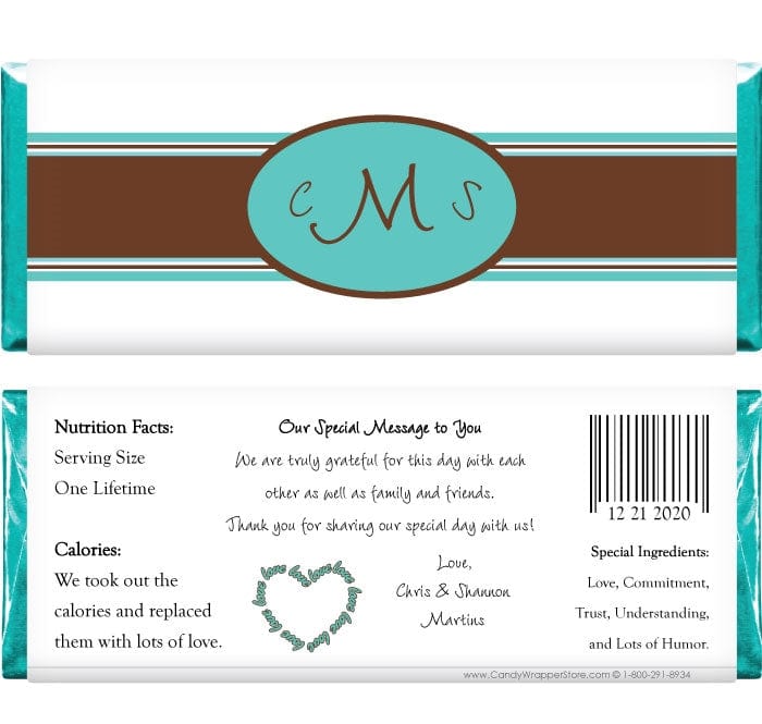 WA242tiffany - Wedding Monogram Tiffany Blue & Brown Candy Bar Wrapper Wedding Monogram Tiffany Blue & Brown Candy Bar Wrapper Regular Size Wrapper WA242