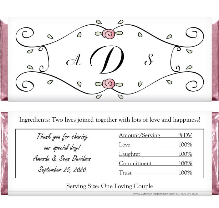 WA243 - Wedding Rose Swirl Border Monogram Candy Bar Wrapper Wedding Rose Swirl Border Monogram Candy Bar Wrapper Regular Size Wrapper WA243