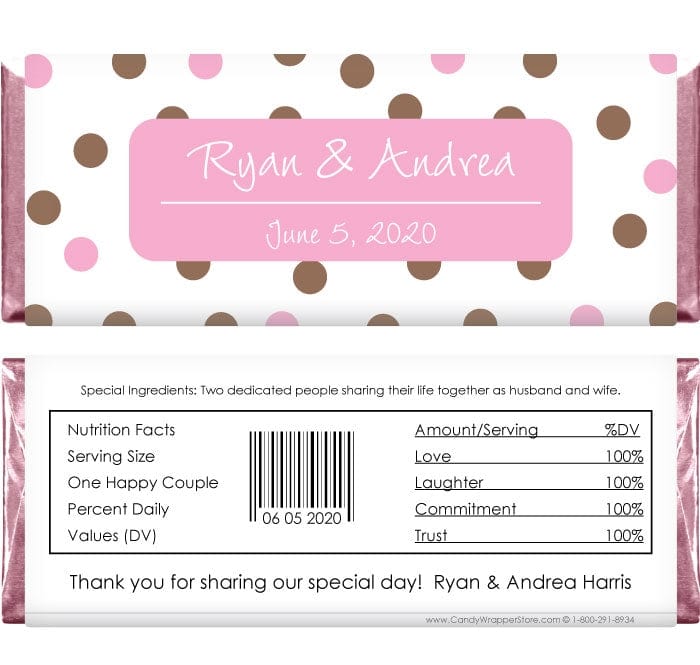WA250 - Wedding Chocolate and Pink Polka Dots Candy Bar Wrapper Wedding Chocolate and Pink Polka Dots Candy Bar Wrapper Regular Size Wrapper WA250