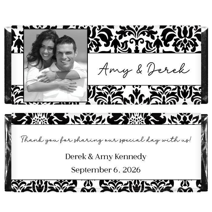 WA253PHOTO - Wedding Damask Photo Candy Bar Wrappers Wedding Damask Photo Candy Bar Wrappers Regular Size Wrapper WA253