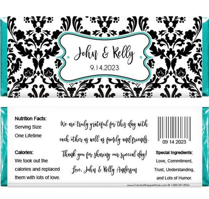 WA259TEAL - Damask Teal and Black Wedding Candy Bar Wrapper Damask Teal and Black Wedding 1.55 oz Candy Bar Wrappers Regular Size Wrapper WA259