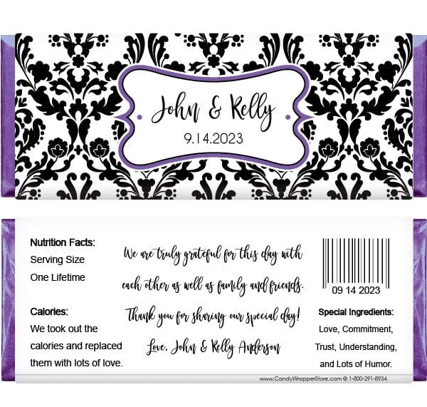 WA259TEAL - Damask Teal and Black Wedding Candy Bar Wrapper Damask Teal and Black Wedding 1.55 oz Candy Bar Wrappers Regular Size Wrapper WA259