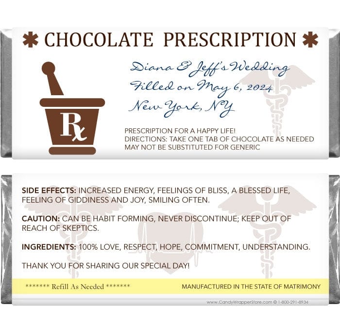 WA260 - Chocolate Prescription Wedding Candy Bar Wrappers Chocolate Prescription Wedding Candy Bar Wrappers Regular Size Wrapper WA260