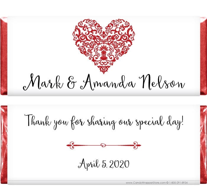 WA273 - Filigree Heart Wedding Candy Bar Wrapper Personalized Filigree Heart Wedding Candy Bar Wrapper Regular Size Wrapper WA273