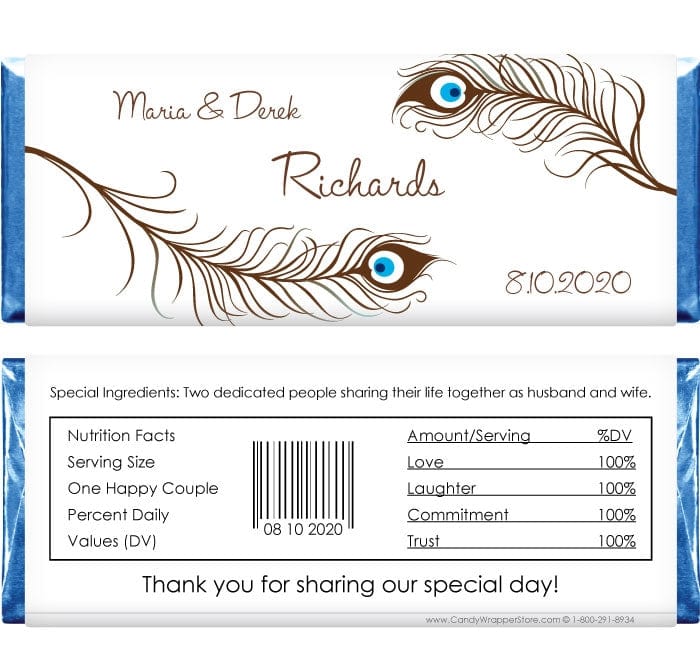 WA275 - Peacock Feathers Wedding Candy Bar Wrapper Peacock Feathers Wedding Candy Bar Wrapper Regular Size Wrapper WA275