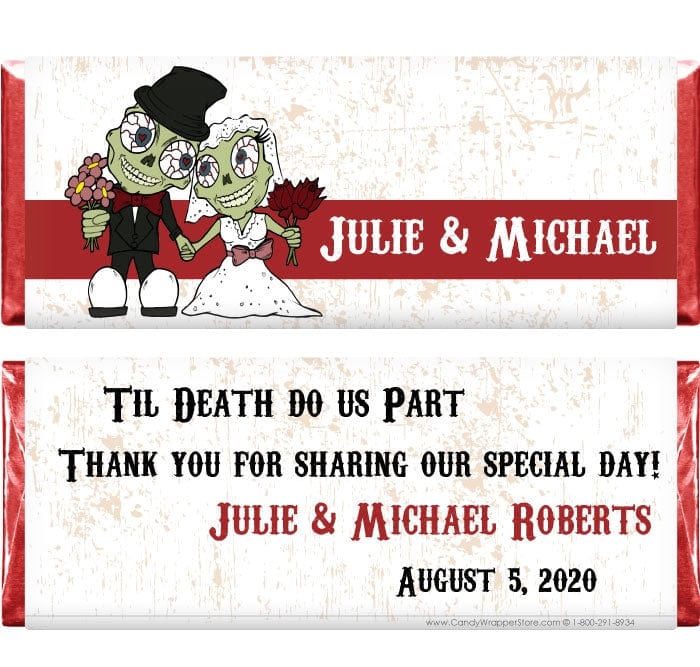 WA312 - Zombie Bride and Groom Wedding Candy Bar Wrapper Zombie Bride and Groom Wedding Candy Bar Wrappers Wedding Favors WA310