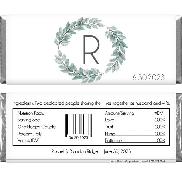 WA386 - Green Leafy Wreath Wedding Candy Bar Wrapper Green Leafy Wreath Wedding Candy Bar Wrapper Wedding Favors WA386