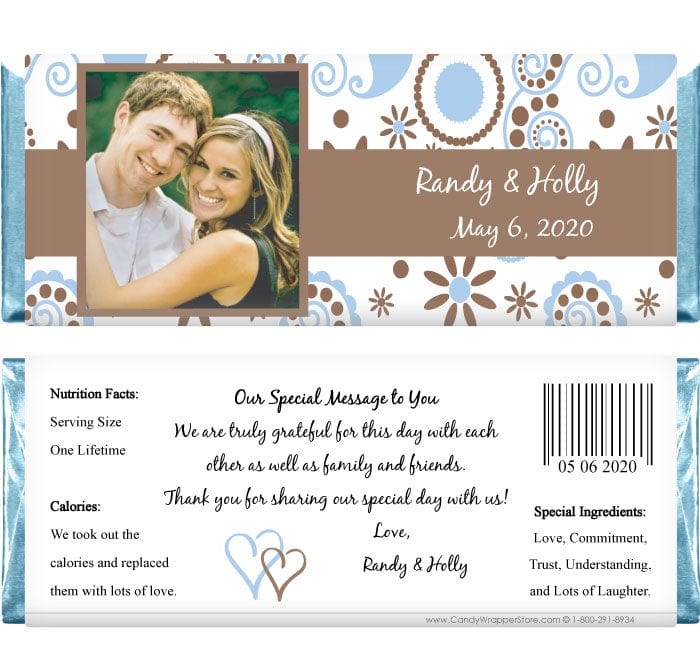 WA418b - Wedding Blue & Brown Photo Candy Bar Wrappers Wedding Blue & Brown Photo Candy Bar Wrappers Wedding Favors WA418