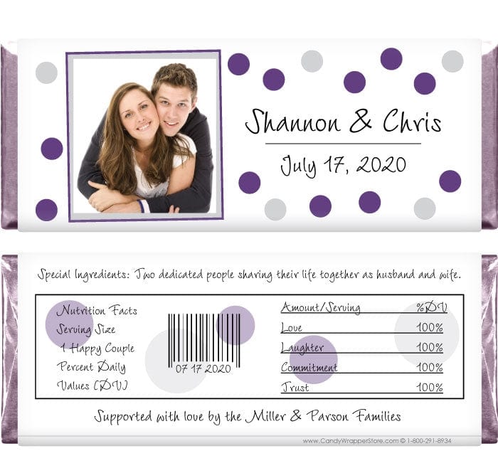 WA450PURPLE - Wedding Dots Photo Candy Bar Wrappers Wedding Dots Photo Candy Bar Wrappers Wedding Favors WA450