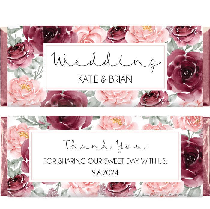 WA476 - Wine and Blush Roses Wedding Candy Bar Wrapper Wine and Blush Roses Wedding Candy Bar Wrapper Wedding Favors WA476