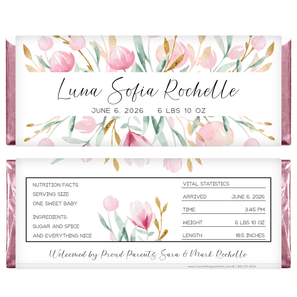 Watercolor Floral Baby Girl Birth Announcement Candy Bar Wrappers - BAG204 Watercolor Floral Baby Girl Birth Announcement Candy Bar Wrappers Birth Announcement BAG204