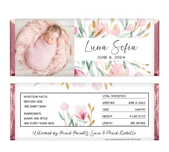 Watercolor Floral Baby Girl Photo Birth Announcement Candy Bar Wrappers - BAG204photo Watercolor Floral Baby Girl Photo Birth Announcement Candy Bar Wrappers Birth Announcement BAG204