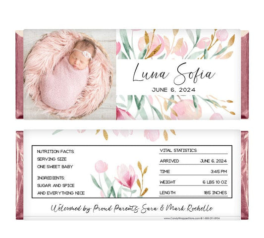 Watercolor Floral Baby Girl Photo Birth Announcement Candy Bar Wrappers - BAG204photo Watercolor Floral Baby Girl Photo Birth Announcement Candy Bar Wrappers Birth Announcement BAG204