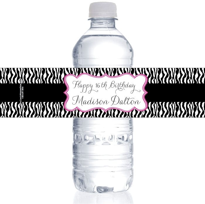WBBD335 - Sweet Sixteen Zebra Print Birthday Water Bottle Labels Sweet Sixteen Zebra Print Birthday Water Bottle Labels Party Favors BD335