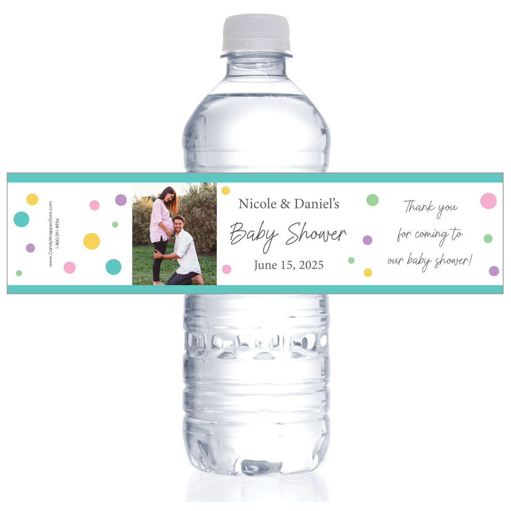 WBBS253 - Baby Shower Colorful Dots Photo Water Bottle Label Baby Shower Colorful Dots Photo Water Bottle Label Wedding Favors BS253