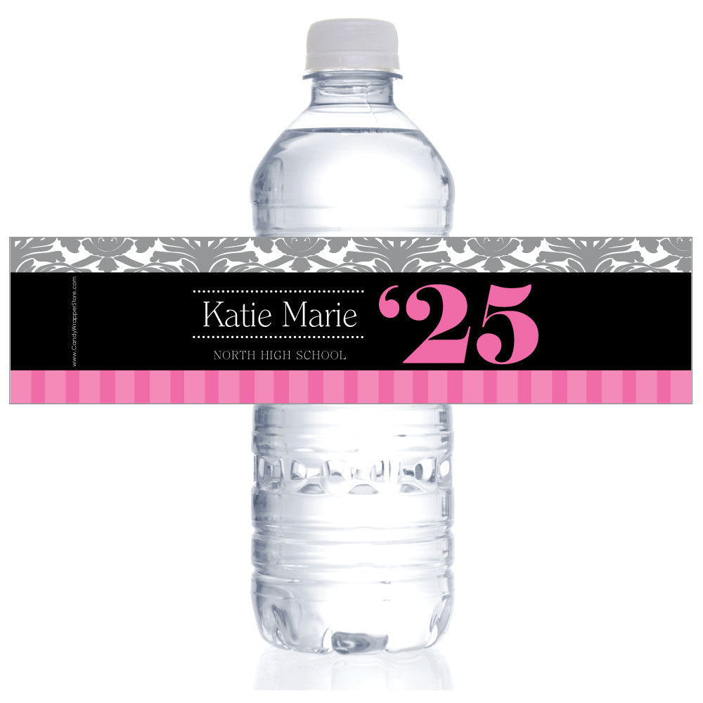 WBGRAD221 - Damask and Stripe Graduation Water Bottle Label Damask and Stripe Graduation Water Bottle Label Party Favors GRAD221