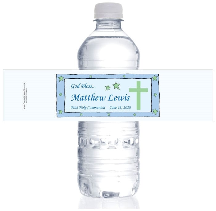 WBREL206 - Blue Border with Cross Religious Water Bottle Label Blue Border with Cross Religious Water Bottle Label REL206