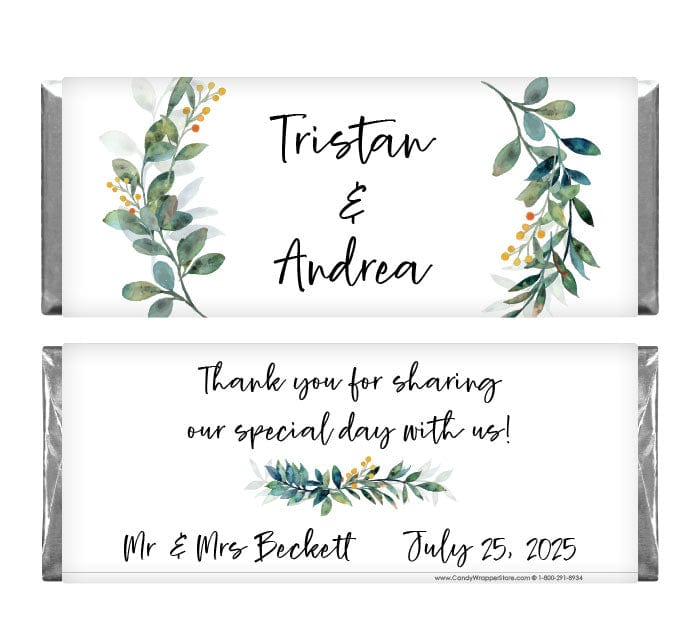 Wedding Floral Frame Candy Bar Wrappers - WA403 Wedding Green Floral Boughs Candy Bar Wrappers Wedding Favors WA403