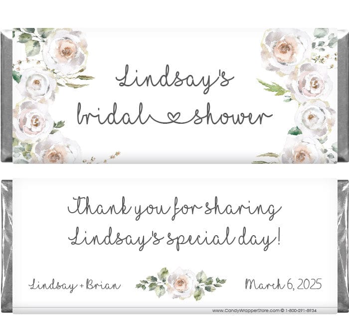 WS250 - White Roses Bridal Shower Candy Bar Wrappers White Roses Bridal Shower Candy Bar Wrappers Wedding Favors WS250