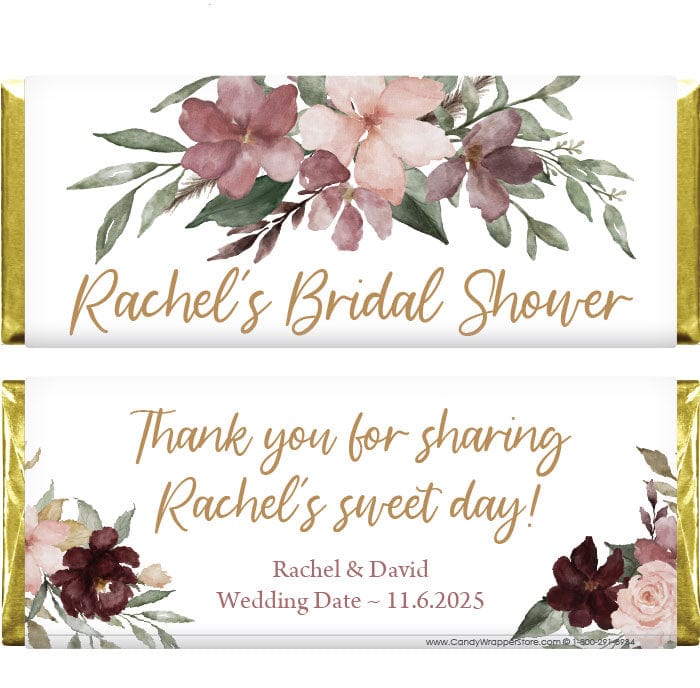 WS368 - Floral Watercolor Bridal Shower Candy Bar Wrappers Floral Watercolor Bridal Shower Candy Bar Wrappers Wedding Favors WS368