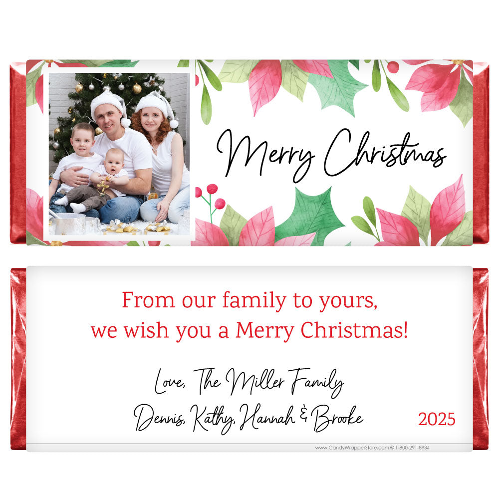 XMAS203PHOTO - Poinsettia Design with Photo Christmas Candy Wrappers Poinsettia Design with Photo Christmas Candy Wrappers Candy Wrapper Store