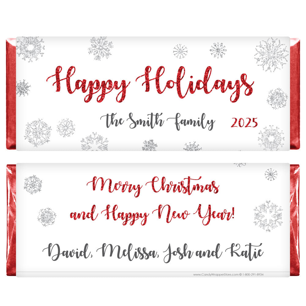 XMAS206red - Happy Holidays Silver Glitter Snowflakes Candy Wrappers Happy Holidays Silver Snowflakes Candy Wrappers Candy Wrapper Store