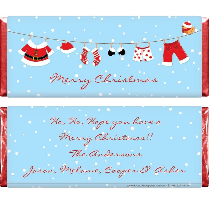 XMAS226a - Santa Suit Clothesline Christmas Candy Bar Wrappers Santa Suit Clothesline Christmas Candy Bar Wrappers Candy Wrapper Store