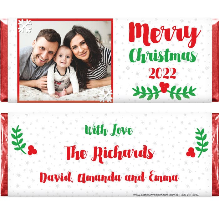 XMAS232PHOTO - Boughs of Holly with Photo Christmas Candy Wrappers Boughs of Holly with Photo 2022 Christmas Candy Wrappers Candy Wrapper Store