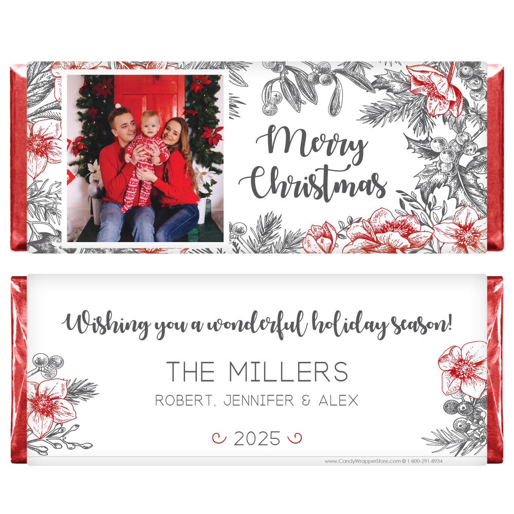 XMAS264photo - Red and Black Vintage Foliage Photo Christmas Candy Bar Wrapper Red and Black Vintage Foliage Photo Christmas Candy Bar Wrapper Candy Wrapper Store