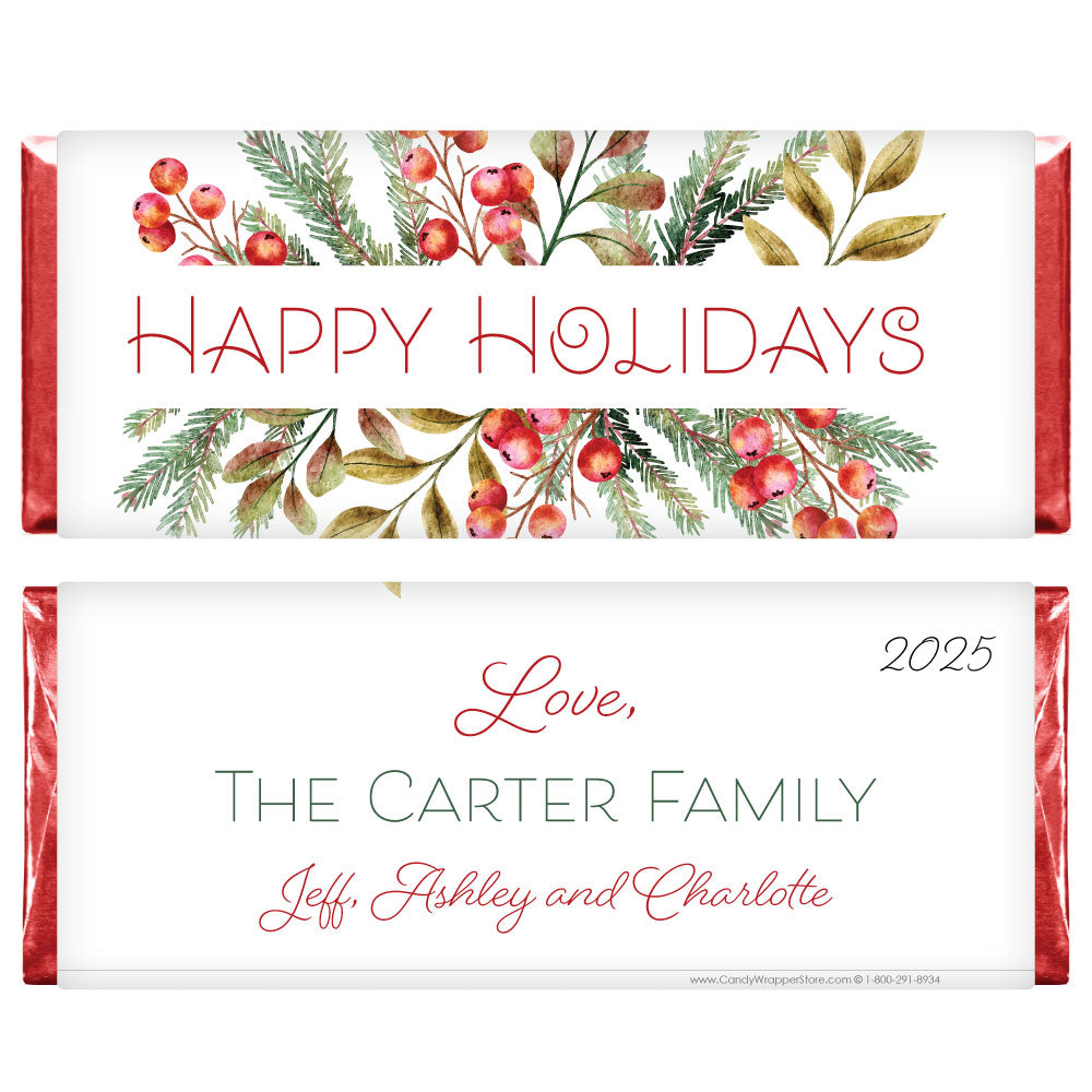 XMAS286 - Pine and Berries Personalized Christmas Card Candy Wrapper Pine and Berries Personalized Christmas Card Candy Wrapper XMAS286