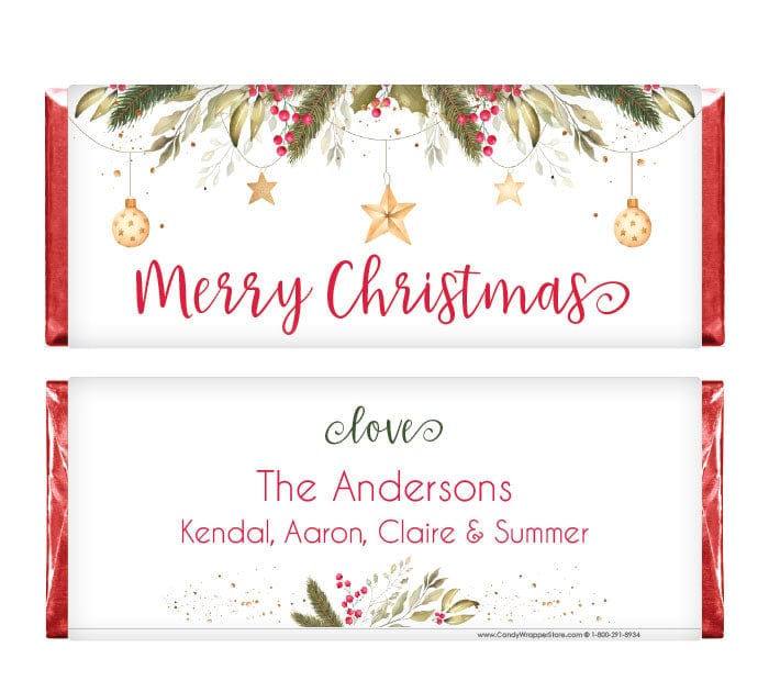 XMAS288 - Golden Ornaments Personalized Christmas Card Candy Wrapper Golden Ornaments Personalized Christmas Card Candy Wrapper XMAS288