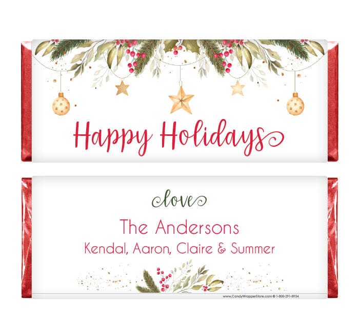 XMAS288 - Golden Ornaments Personalized Christmas Card Candy Wrapper Golden Ornaments Personalized Christmas Card Candy Wrapper XMAS288