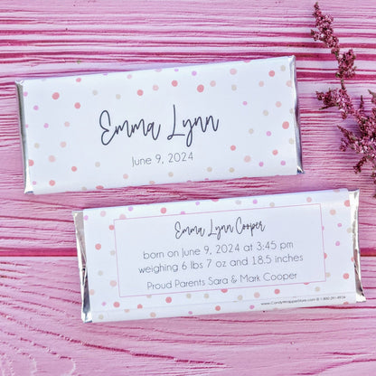 Baby Girl Scattered Dots Candy Bar Wrappers - BAG444 Baby Girl Scattered Dots Birth Announcement Personalized Candy Bar Wrappers Birth Announcement BAG444