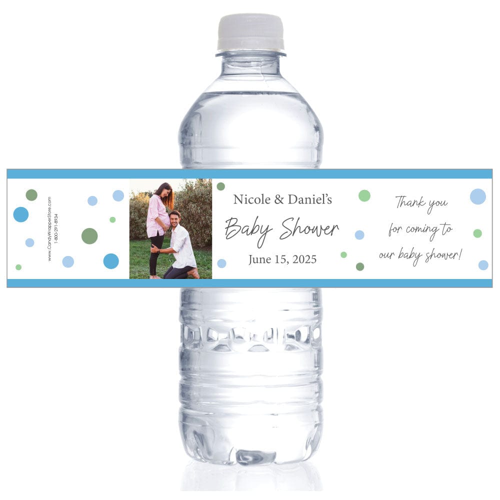 Baby Shower Blue Dots Photo Water Bottle Label - WBBS253blue Baby Shower Blue Dots Photo Water Bottle Label Wedding Favors BS253